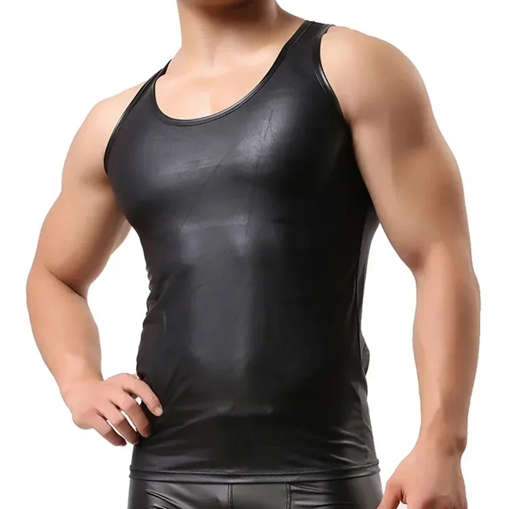 Men Blouse Men Tops Bright Leather Crop Top Faux Leather Fit T-shirt Soft Summer T-Shirt Tank Tops Black Lacquer