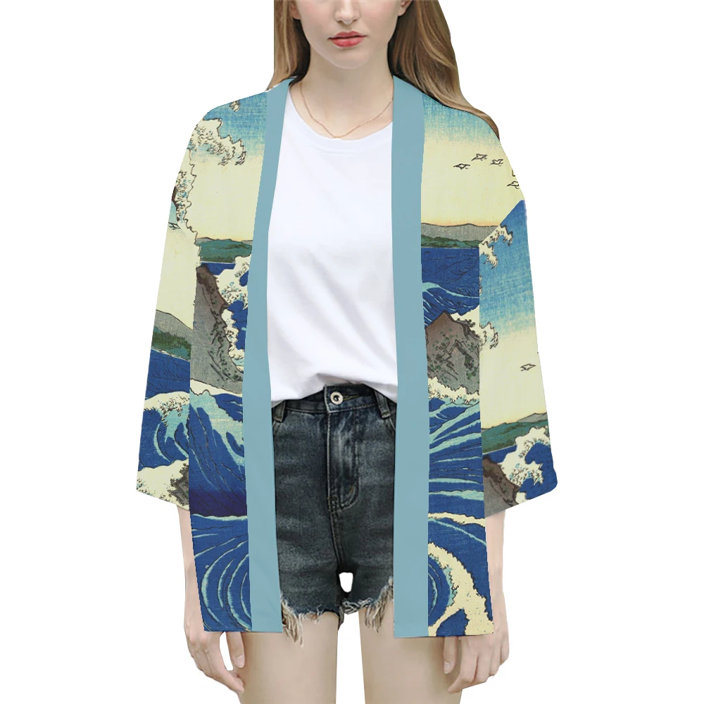 Men And Women's Japanese Kimono, Fashion Wave , Print Pattern Coat, Green Traditional Haori Cardigan, Japan Black Beach Clothing
