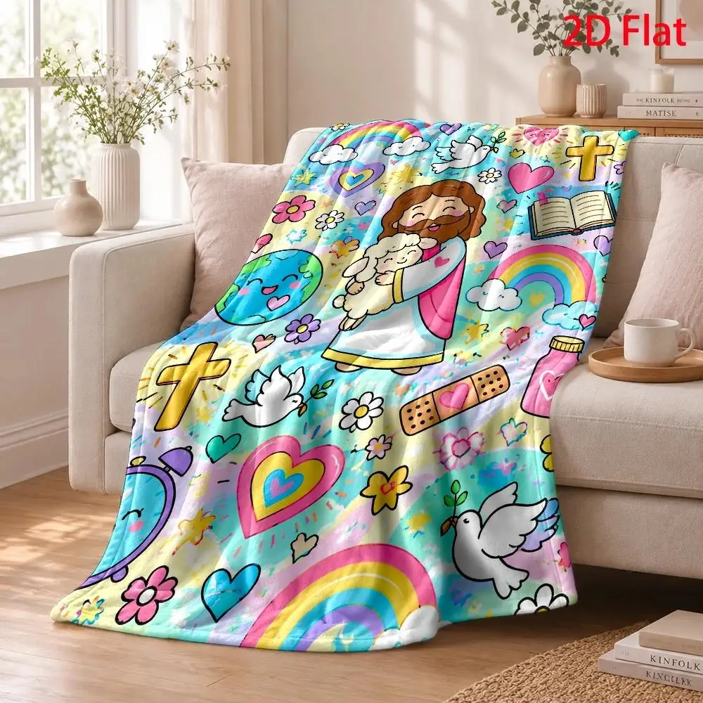 Jesus Rainbow Christian Flannel Throw Blanket, Colorful Cross Dove Heart Bible Faith Cartoon Style Print, Soft Lightweight Cozy Bedding Cover for Sofa Couch Bed Bedroom Living Room, Cheerful Prayer Blanket, Religious Home Decor, Birthday Holiday Gift