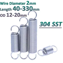 304 Stainless Steel Open S Hook Tension Spring 2mm Cylindroid Helical Draught Extension Expansion Tensile Spring Length 40-330mm