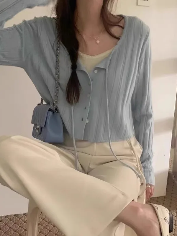 

Sweet Versatile Knitted Open Cardigan Women's Early Autumn Thin Stripe Slim Single Button Belted Long Sve ort Outerwear