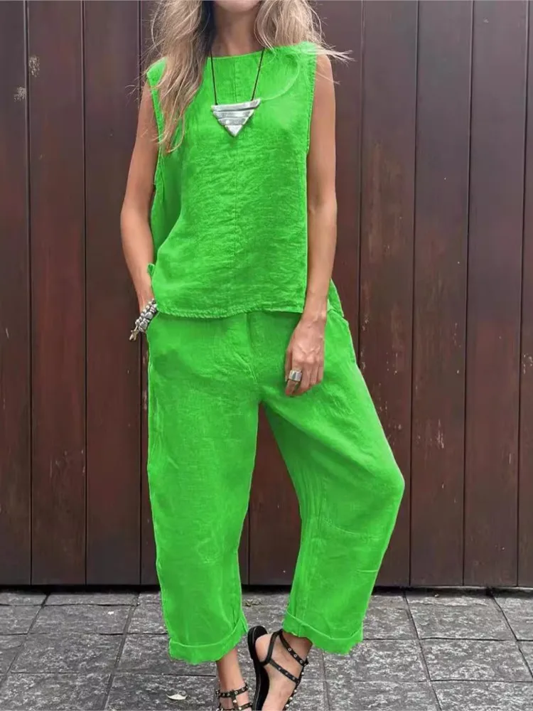 Conjunto de dos piezas para mujer, traje informal de algodón y lino, Top sin mangas, pantalones, Color liso, moda de verano