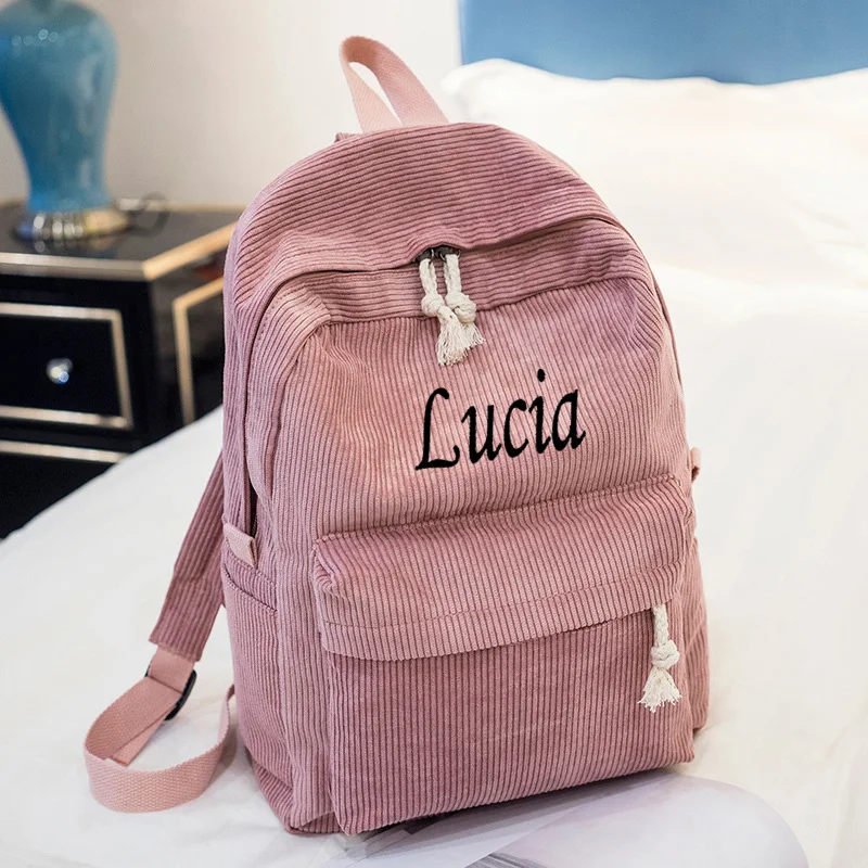 Personalised Corduroy Knapsack Custom Your Name Casual Backpack Unisex Classic Campus Portable Ultra Soft Handbag