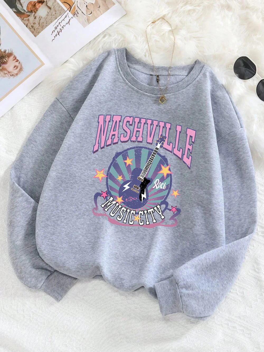 Street Woman Pullover Nashville Music Cith Poster Printing Hoodie Crewneck Loose Fleece Soft Sweatshirt Autumn Female Clothes