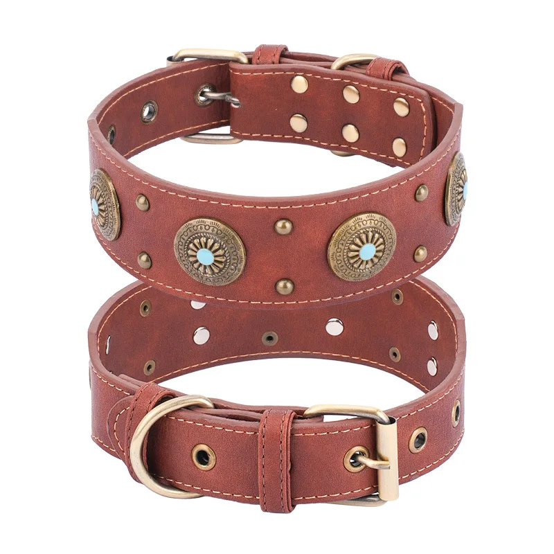 

Heavy Duty PU Leather Dog Collar Handcraft High-end Retro Luxury Pet Collar With Adjustable Buckle Durable Fitting Pet Collar