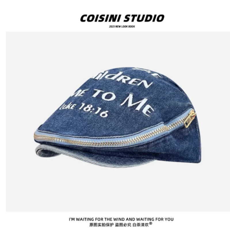 Korean Niche Washed Denim English Letter Zipper Forward Hat for Men Women Spring and Autumn Personality Short Brim Painter Cap