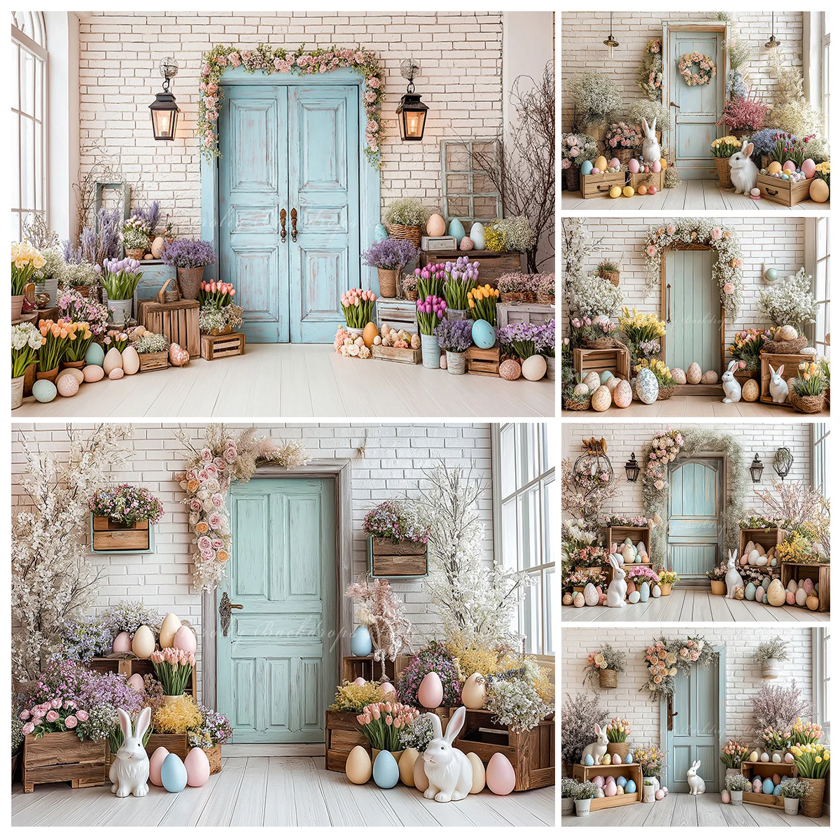 Easter Blue Wooden Door With Flowers Eggs Backdrop Kids Cake Smash Props Birthday Photocall Props Child Baby Photography Decor