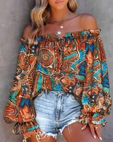 Women Off Shoulder Shirt Blouse Floral Print Casual Long Sleeve Tops T-Shirt V Neck Loose Women Blouse