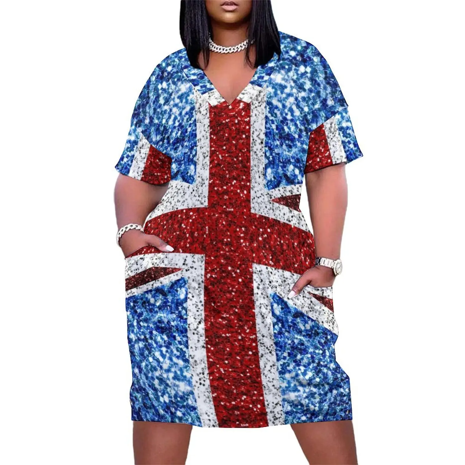 

UK flag red blue white faux sparkles glitters Loose Pocket Dress luxury woman evening dress Dresses for wedding party