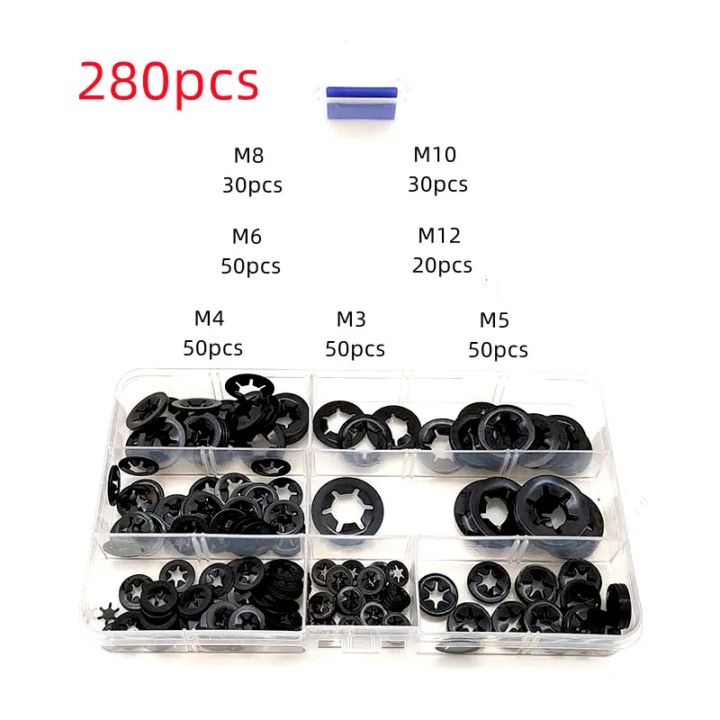 

280pcs Push-on Locking Washers M3 M4 M5 M6 M8 M10 M12 Star Nut Metal Quick Speed Star Nut Locking Fastener Assorted Kit