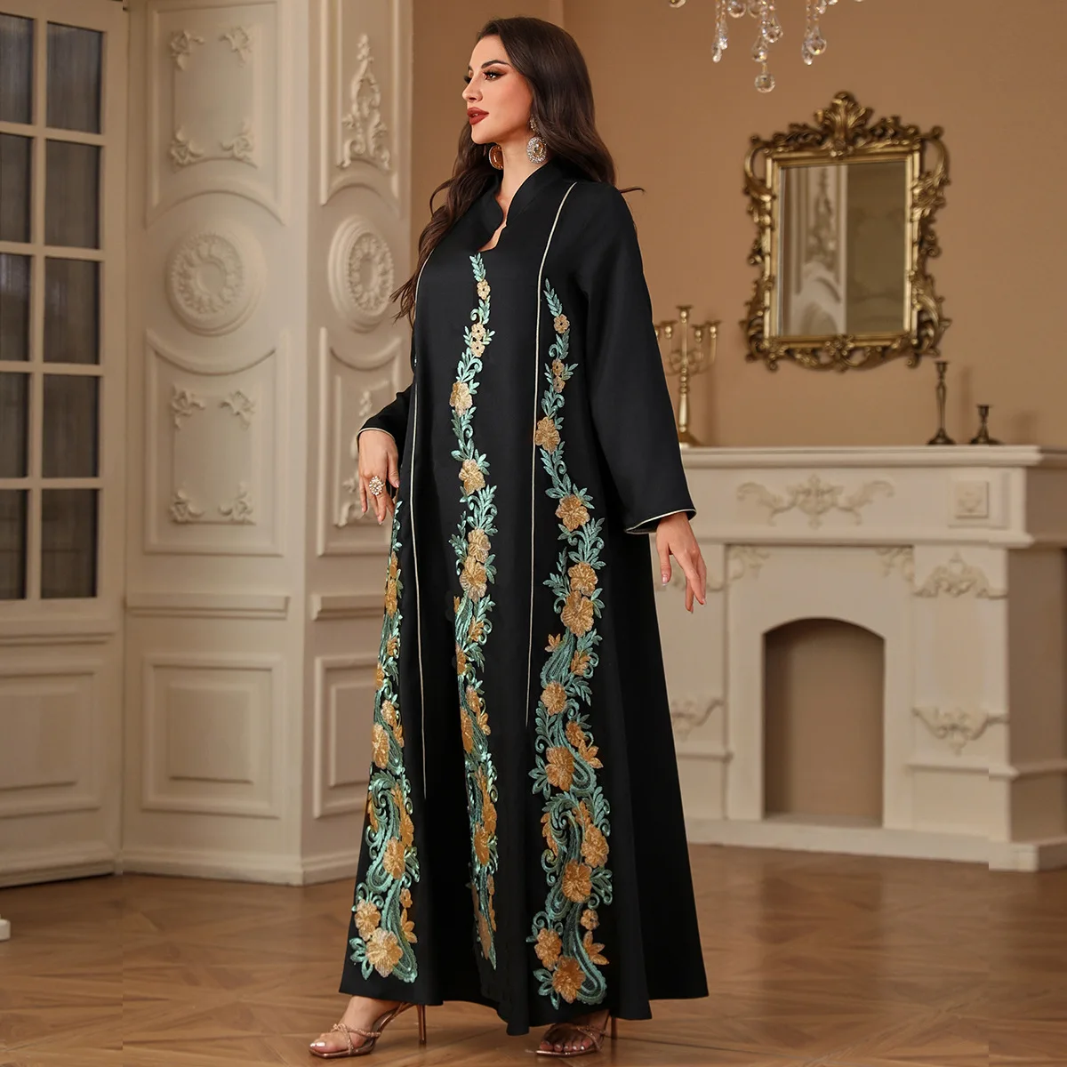 4215 Muslim Women's Robe New Embroidered Splicing Arab Long Sleeve Dress