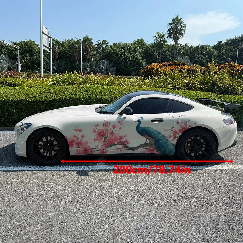 2pcs Spring Red Plum Peacock, Durable, Fade-resistant, Enhance Vehicle Aesthetics With Bold Artistic Design Car Vinyl Wraps