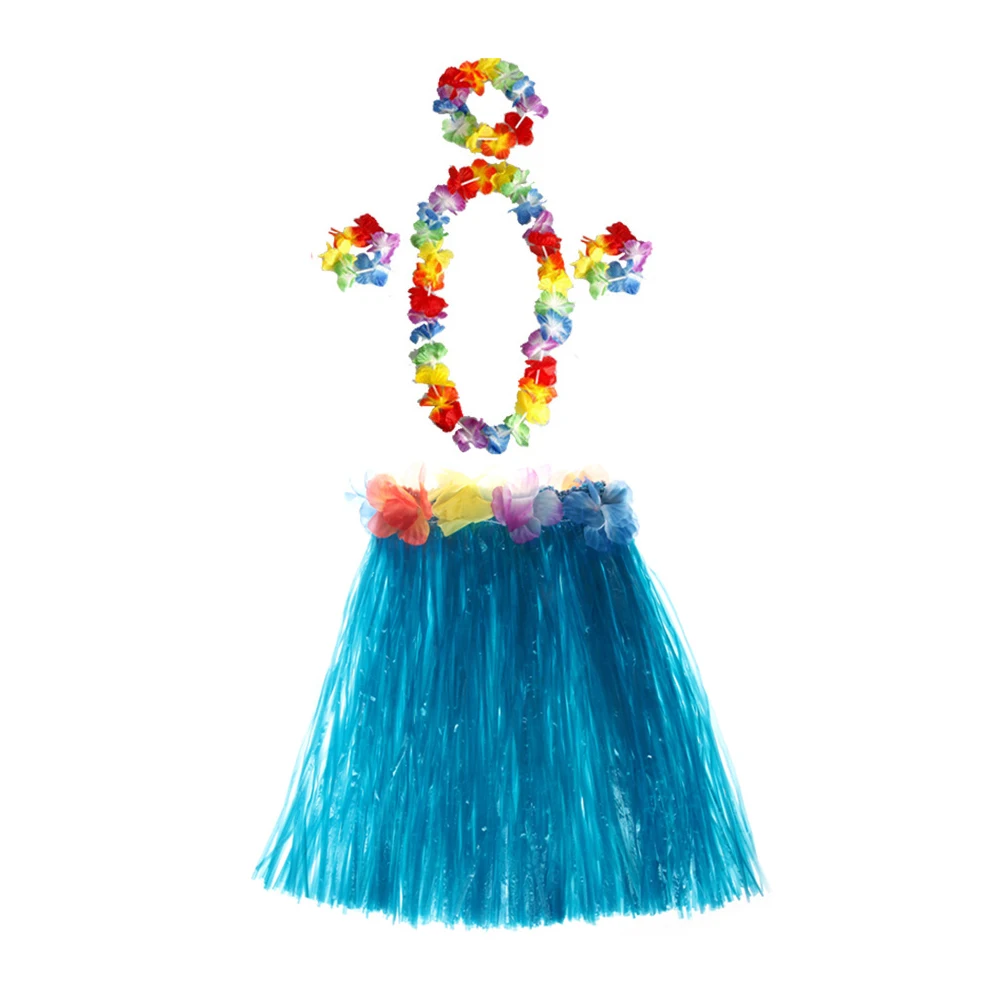 

7 Sets Children Dance Costume Tropical Grass Skirt Hawaii Colorful Kids Luau Party Accessories Bracelets Necklace Headband