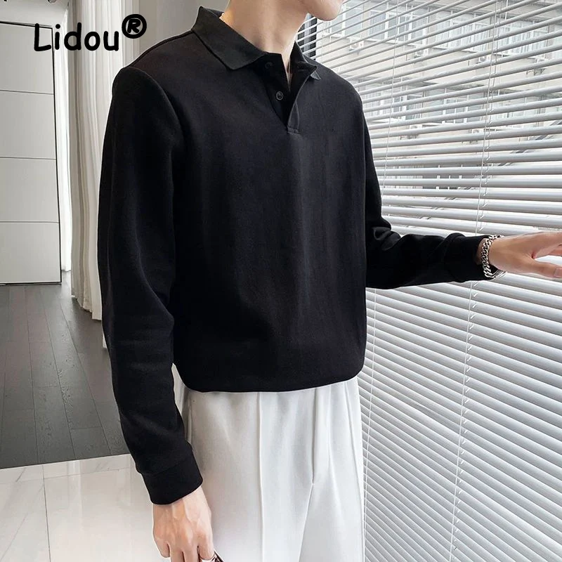 Spring Autumn Korean Casual Fashion solid color Polo T-shirts man Ropa Hombre Long Sleeve Loose Button Tops All Match Streetwear