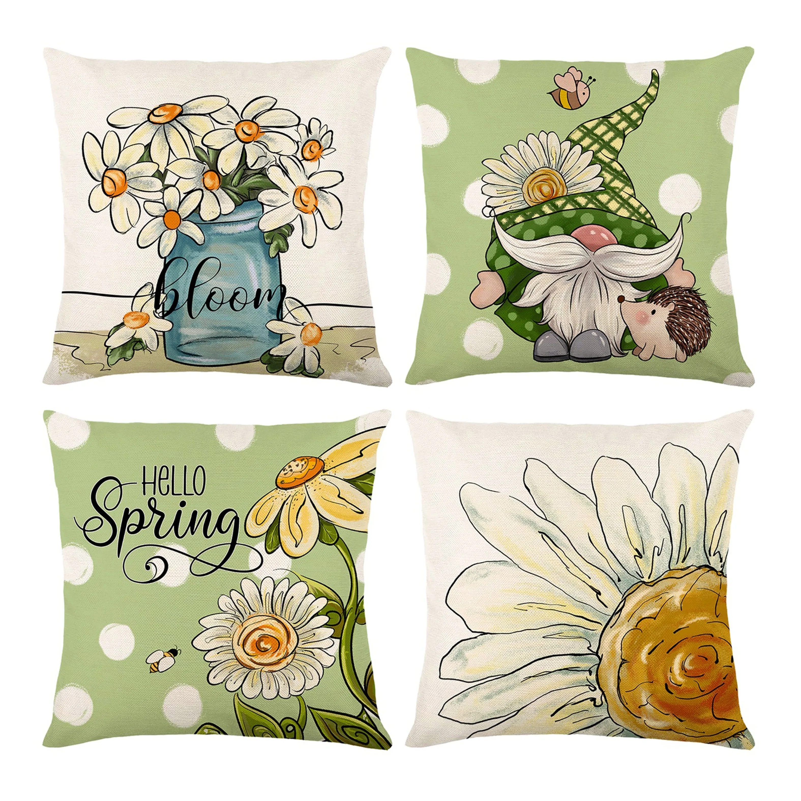 Set of 4 Floral Spring Throw Pillow Covers Cute Daisy Bloom Cottagecore Home Decor Cushion Case Seasonal Living Room Accent Gift
