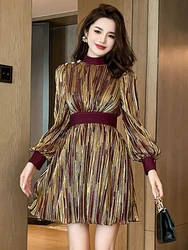 New Elegant Luxury Lady Glitter Gold Evening Dress Women Clothing Chic Lantern Sleeve Slim Mini Short Party Gown Vestidos Fiesta