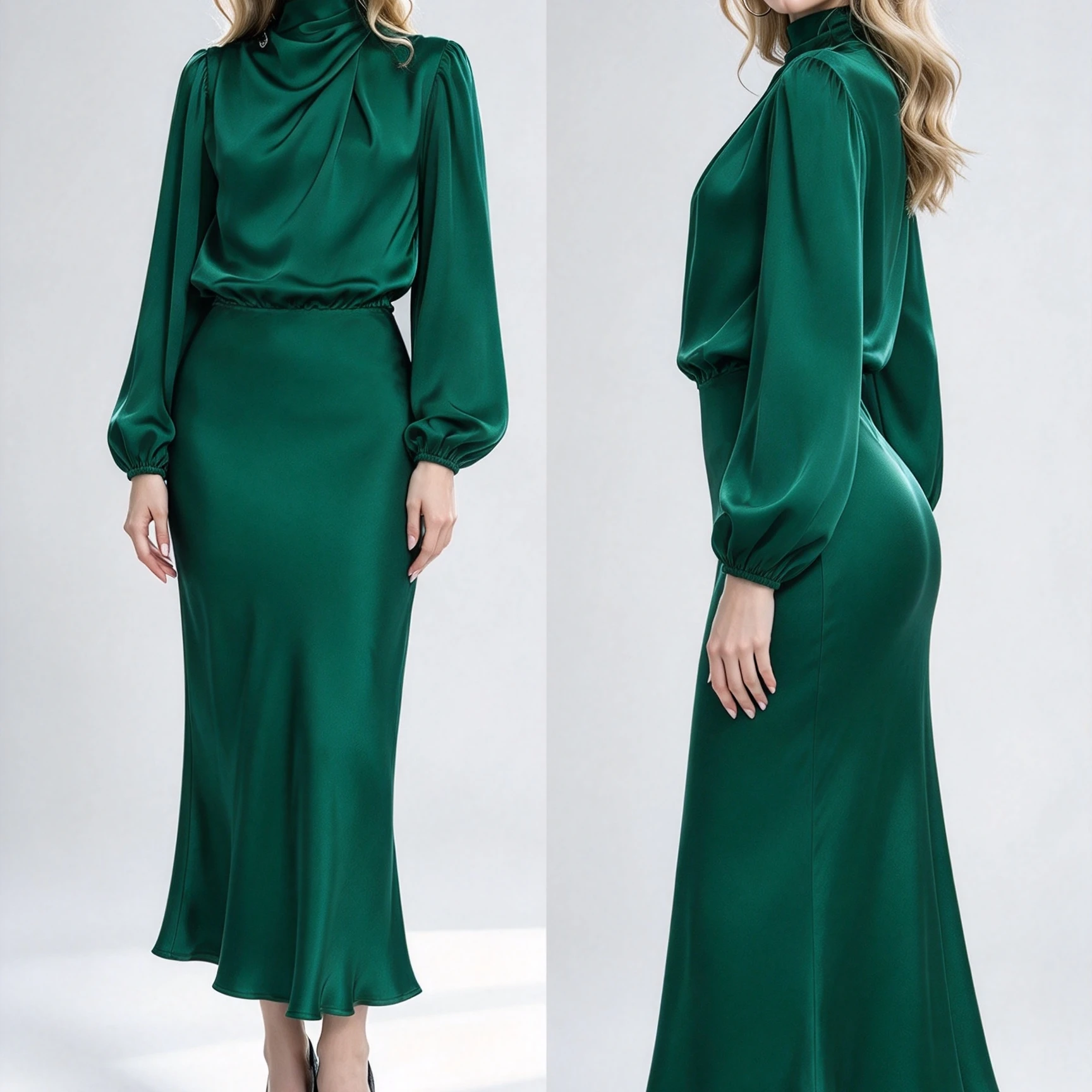 Women Satin Midi Dress Elegant Turtleneck Draped Long Lantern Sleeve Party Dress Vintage Solid Color Evening Wedding Guest Dresses For Christmas