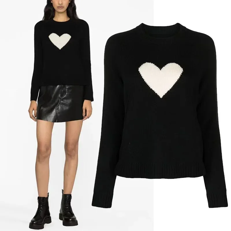 

New French Niche ZV Love Pattern Slim-fit 100 Cashmere Black Women's Sweater