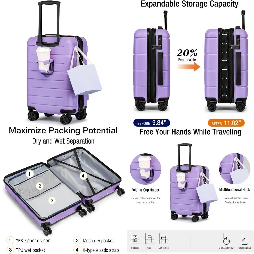 Expandable Hardshell Carry-On Luggage 22x14x9 TSA Lock Airline Approved with Wheels, Compact Travel Suitcase