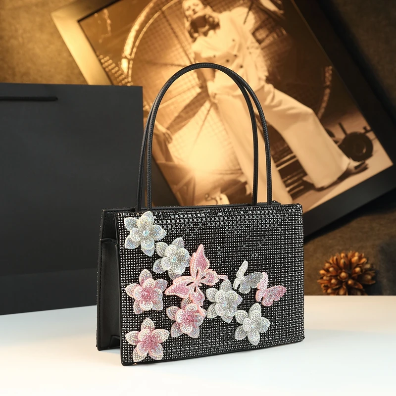 

2025 New Genuine Leather Diamonds Women Handbags Fashion Small Shoulder Crossbody Bags Chain Evening Bags Flower