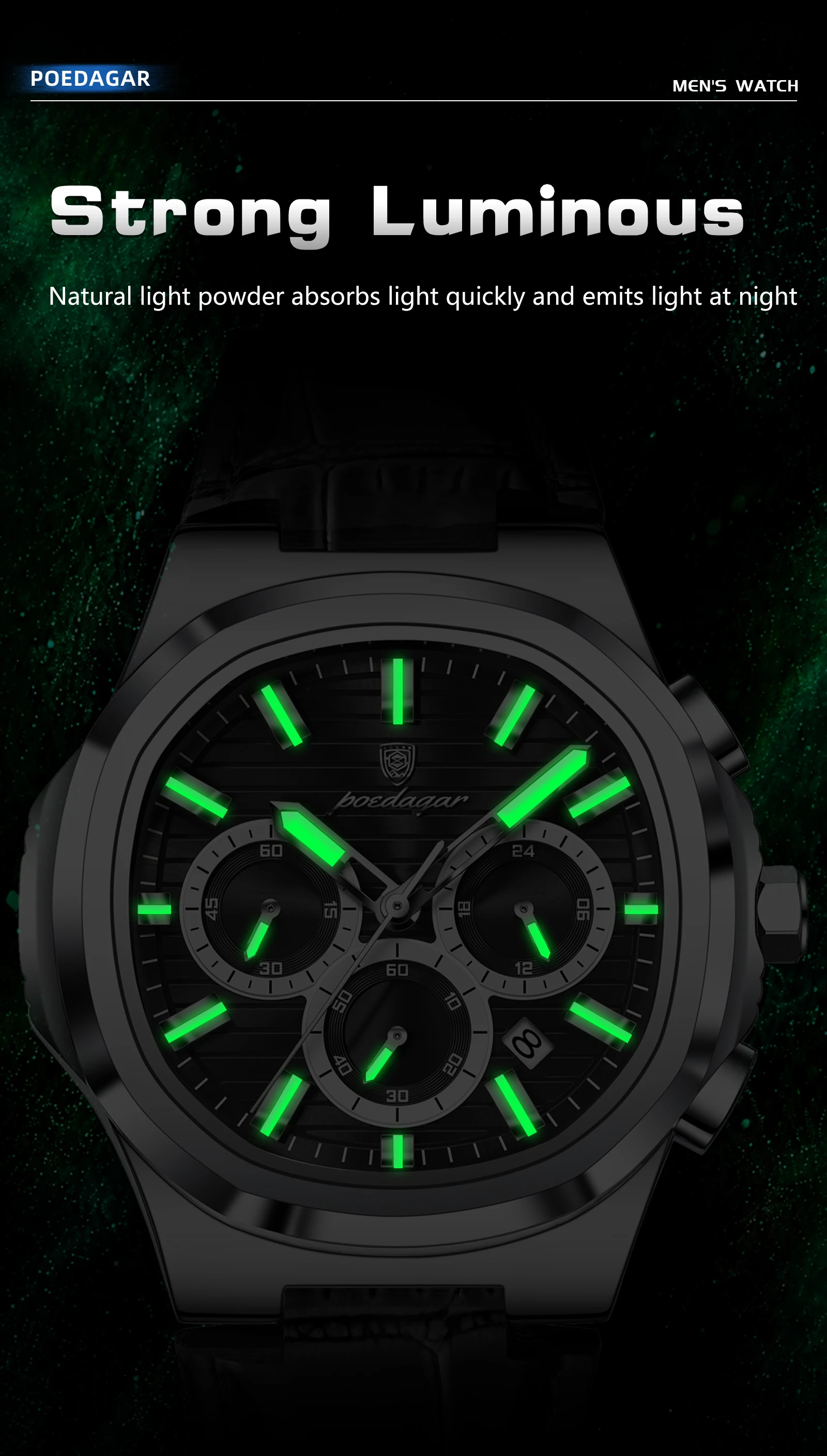 POEDAGAR Luxus-Herrenarmbanduhr, wasserdicht, leuchtend, Leder, modische Herrenuhr, Datumsanzeige, Chronograph, Quarz, elegante Herrenuhren, Reloj – Detail 11