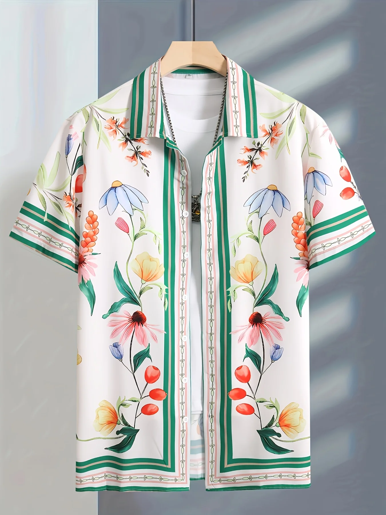 

Мужская повседневная рубашка с короткими рукавами с цветочным принтом на весну, лето и осень, подходит для праздников и повседневных прогулок, состоящая из 1.