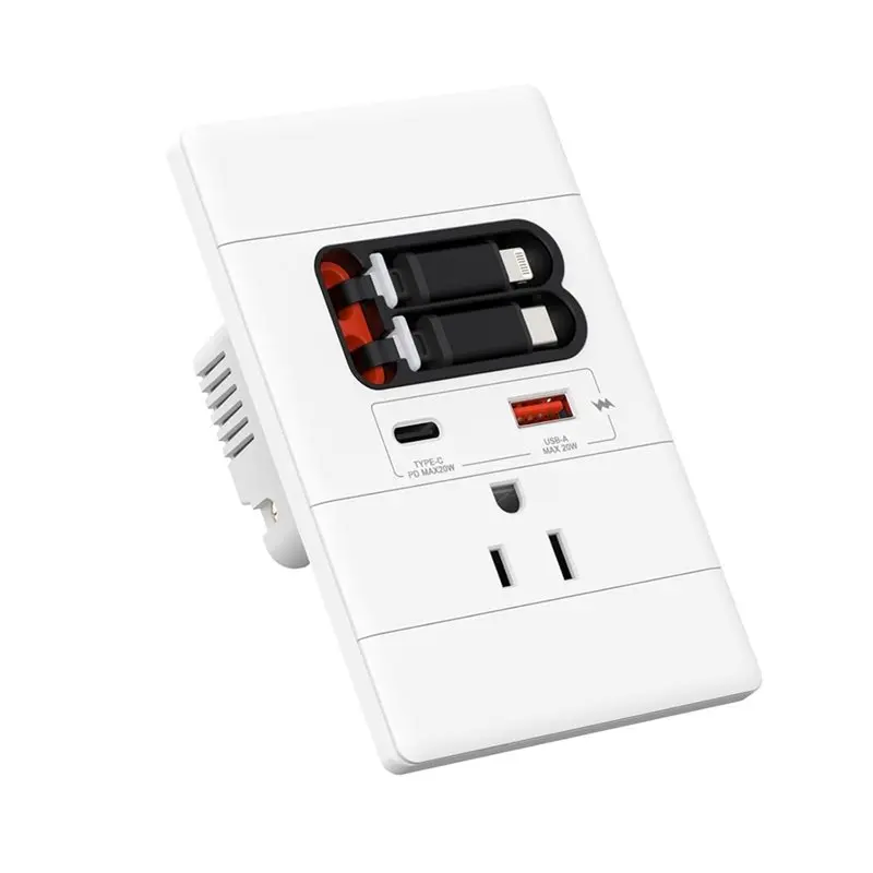 A01F-4X USB C Wall Outlet With Gan PD20W USB-C&USB-A&Retractable USB C/Lightning-Cables,Tamper-Resistant,15A 125V