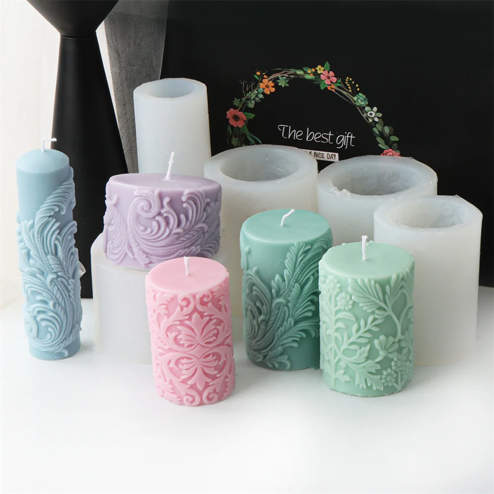 Multi Unique Totem Pattern Column Silicone Candle Mold Embossed Mixed Flower Leave Design Pillar Candle Silicone Mold Home Decor