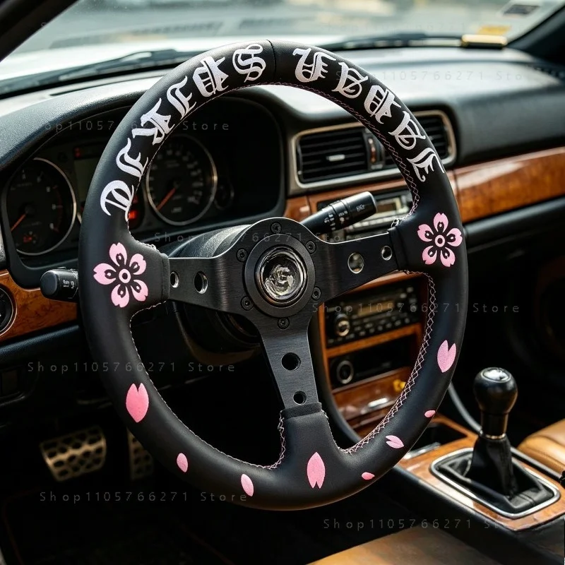 JDM Style Modified Racing Steering Wheel, 320mm Sakura Ghost Head Design, Microfiber Leather