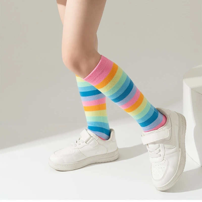 Spring Autumn Children\'s Long Stockings Rainbow Stripped Teen Girls Christmas Cosplay Party Socks Kids Girls Knee High Socks