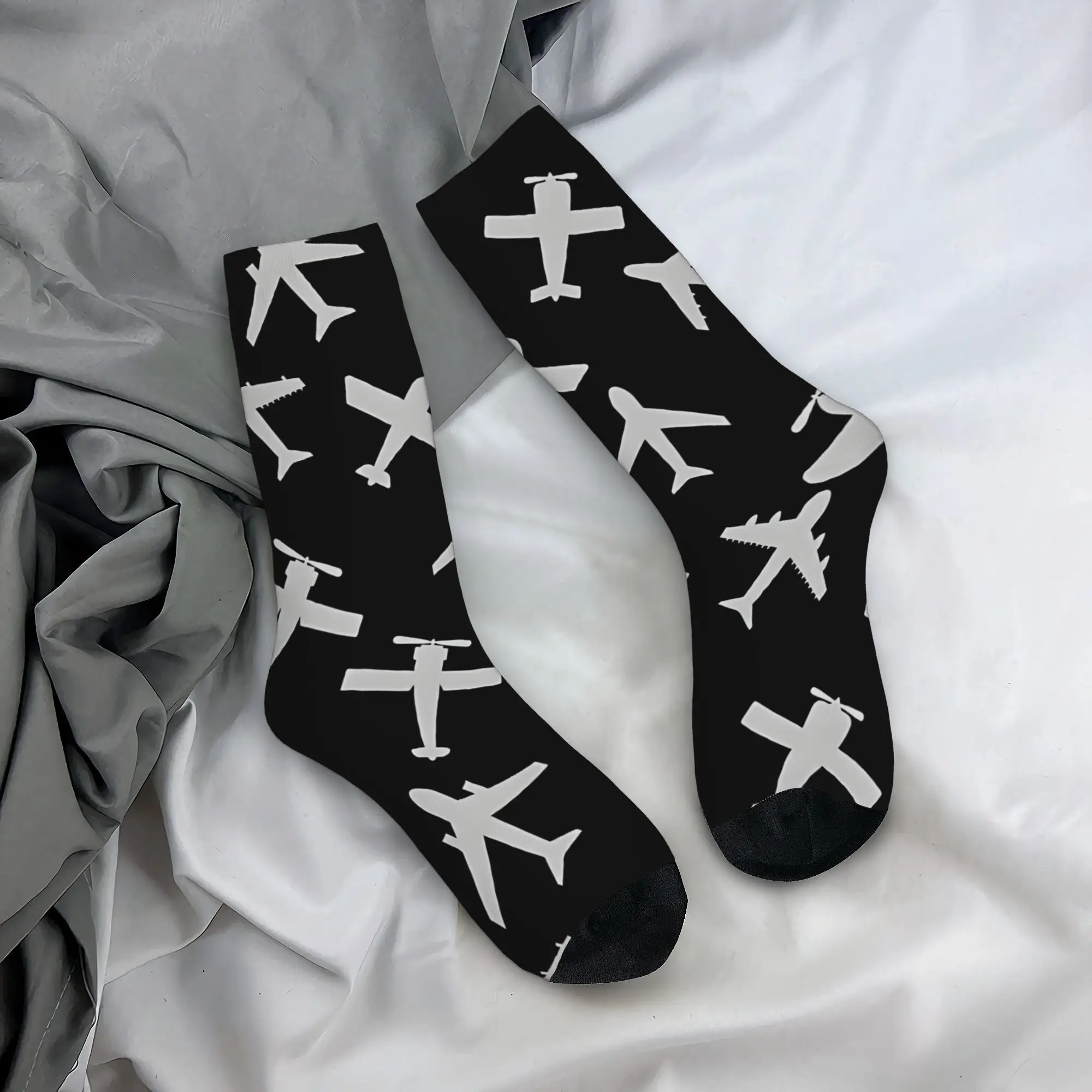 1 Pair Men'S Novelty Airplane Print Crew Socks, Polyester Blend (95% Polyester, 5% Elastane), Knit Fabric, Compression,