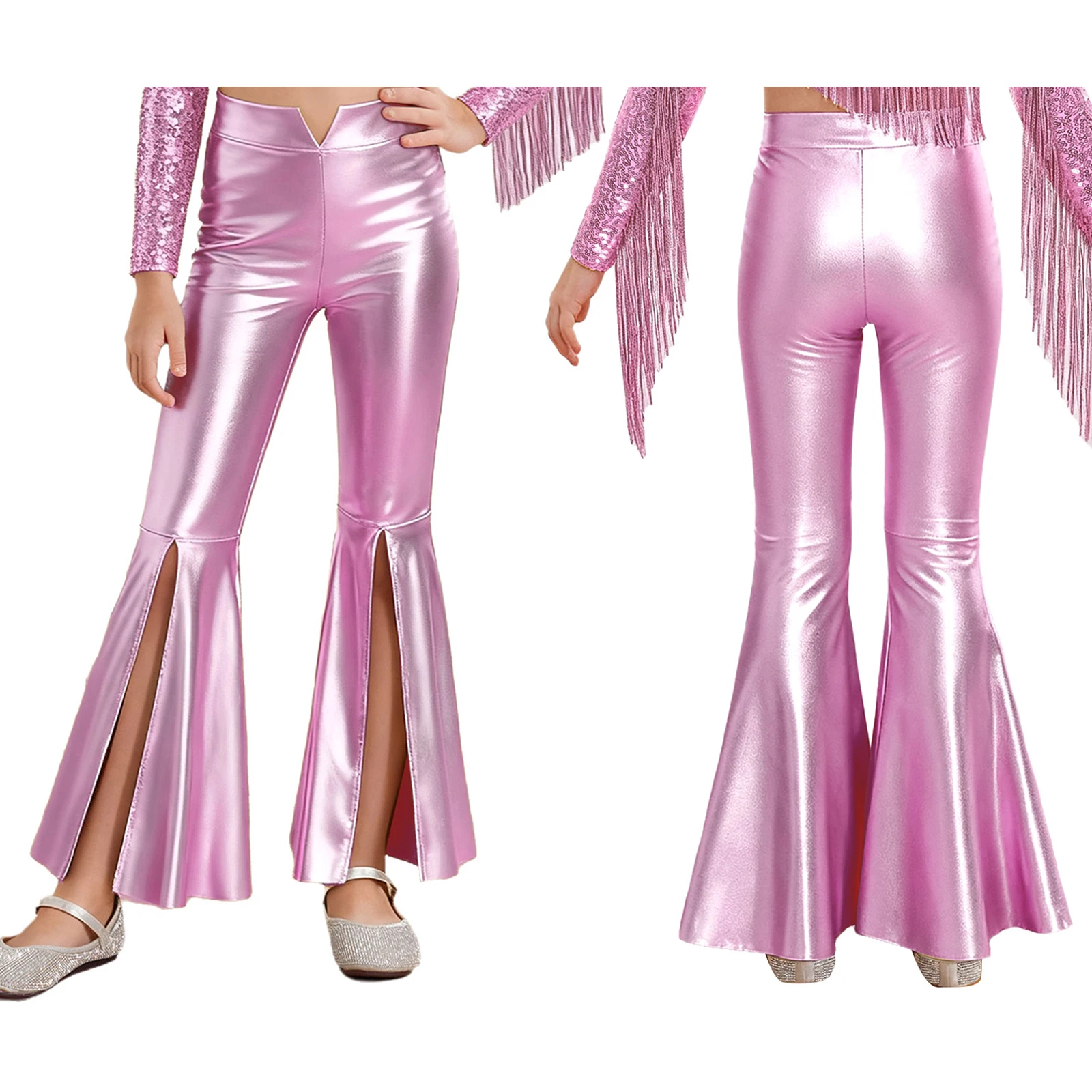 Wide Leg Trouser 70S - กางเกงขายาวทรงบานเมทัลลิกสำหรับผู้หญิง เอวสูง ผ่าข้าง ทรงขาบานกว้าง สไตล์เรโทรยุค 70s