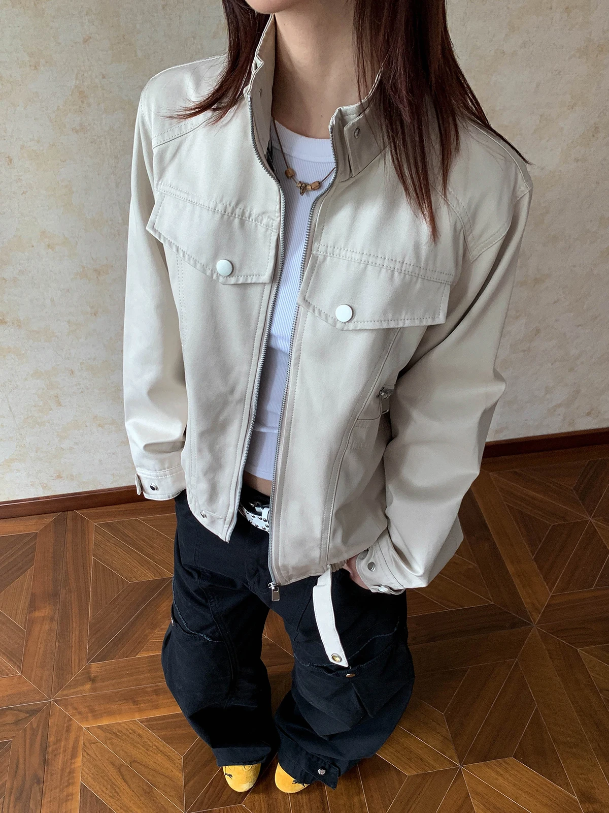 

Aket American Sle ort Jaet Воротник-стойка Multi ket Design Спецодежда Верхняя одежда для женщин Хлопок Полиэстер Нейлон