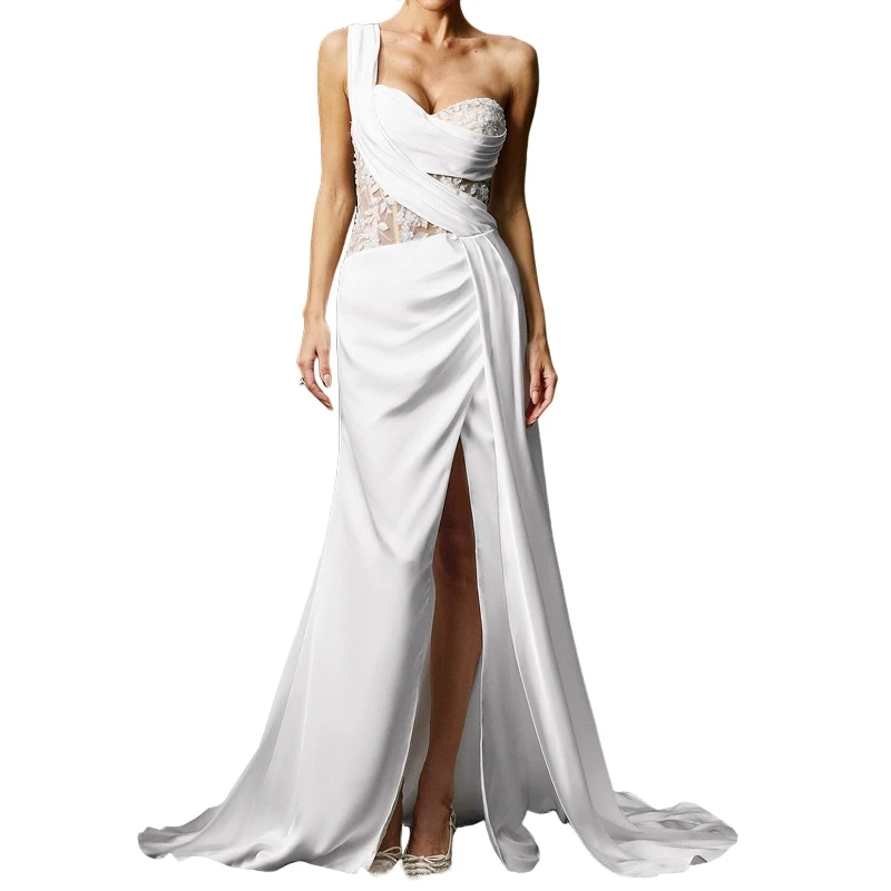 Gorgeous White Satin One Shoulder Front Slit Wedding Guest Dress