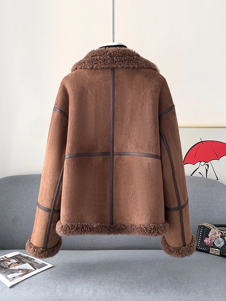 All-wool and fur one-piece coat for women's motorcycles, lambskin fur, 2025 new style, real wool granular fleece, cut fleece