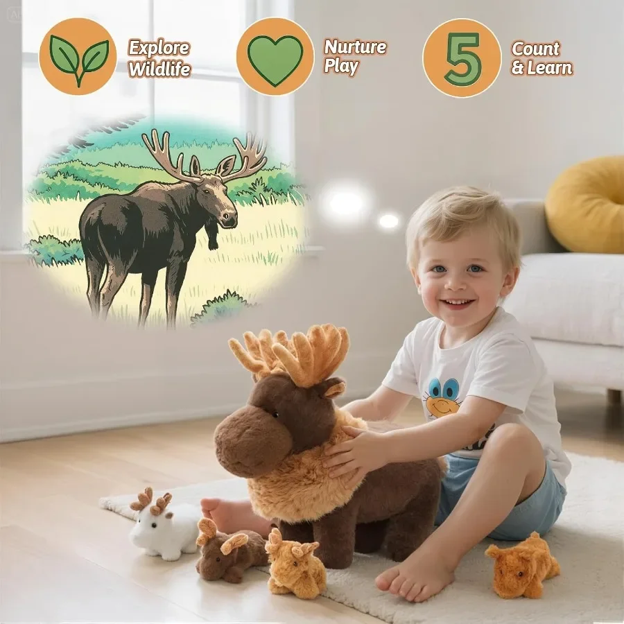 ชุดตุ๊กตาแม่กวางมูสและลูกกวาง 4 ตัว ขนาดใหญ่ 14.5 นิ้ว ของเล่นกวางคริสต์มาสเนื้อนุ่ม สีน้ำตาลครีม เหมาะสำหรับเด็กวัยเตาะแตะ