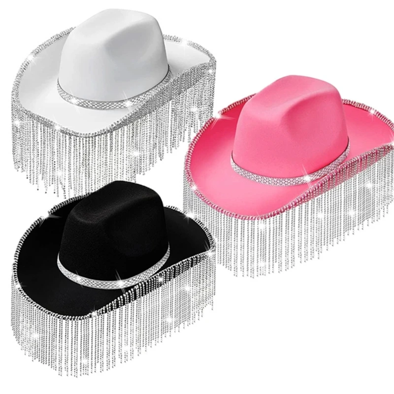 New Cowgirl Hat for Adult Cowboy Hat with Rhinestones Fringe Hats Fit Most Women for Theme Party Black White Pink