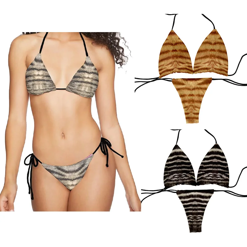 Conjunto de bikini de color animal para mujer, bañador Sexy 3D con estampado de leopardo y gato, traje de baño con almohadilla para el pecho, bikini con cordones, vacaciones de verano en la playa