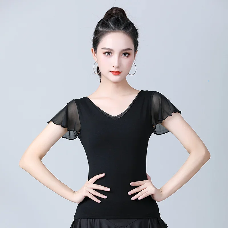 Women Latin dance top female adult new short-sleeved dance clothing fashion black national standard modern dance practice shirt