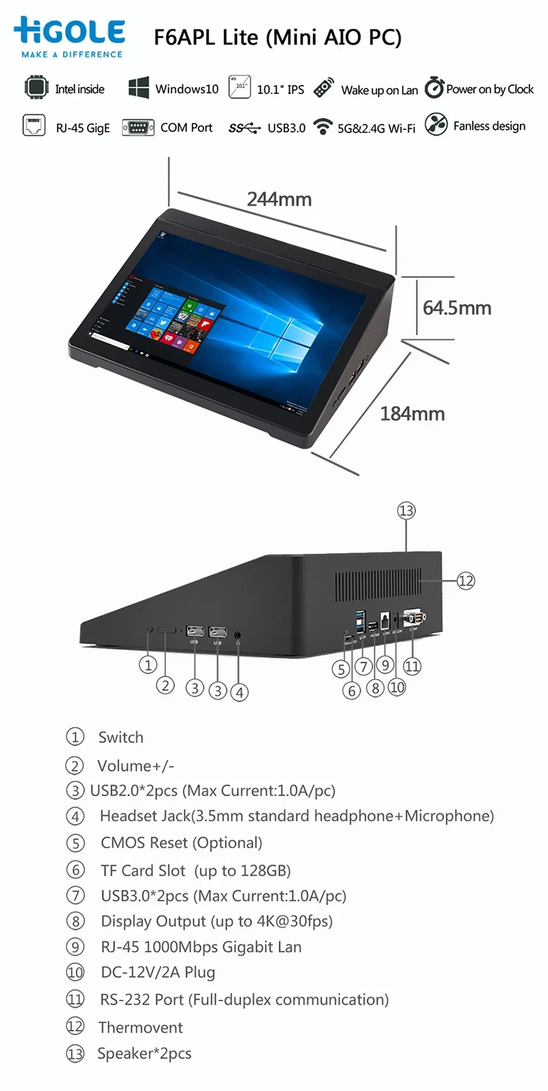 Higole F6APL Mini PC Computer Tablet Pad 1280×800IPS Touch Screen Windows 10 10.1\