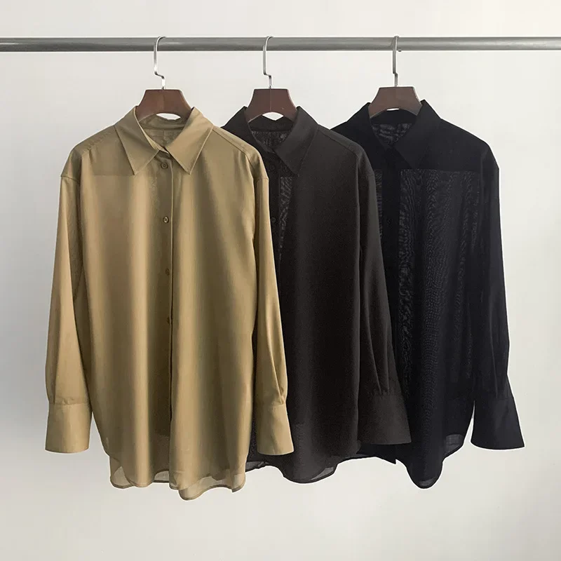 

New Wool Blend Silhouette Long-sleeved Tops Thin Loose Lapel Off-shoulder Single-breasted Shirts Women