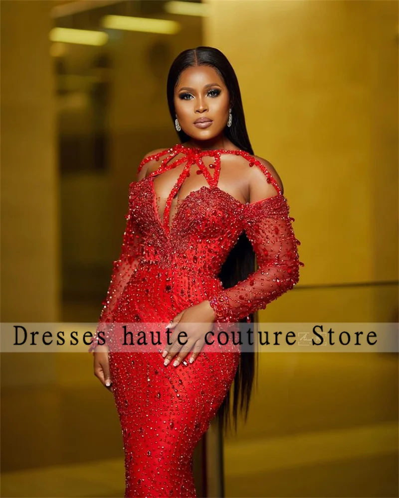 Aso Ebi Luxury Red Beaded Lace Mermaid Evening Dresses 2025 Long Sleeve Crystal African Wedding Party Dress Prom Gown Customized