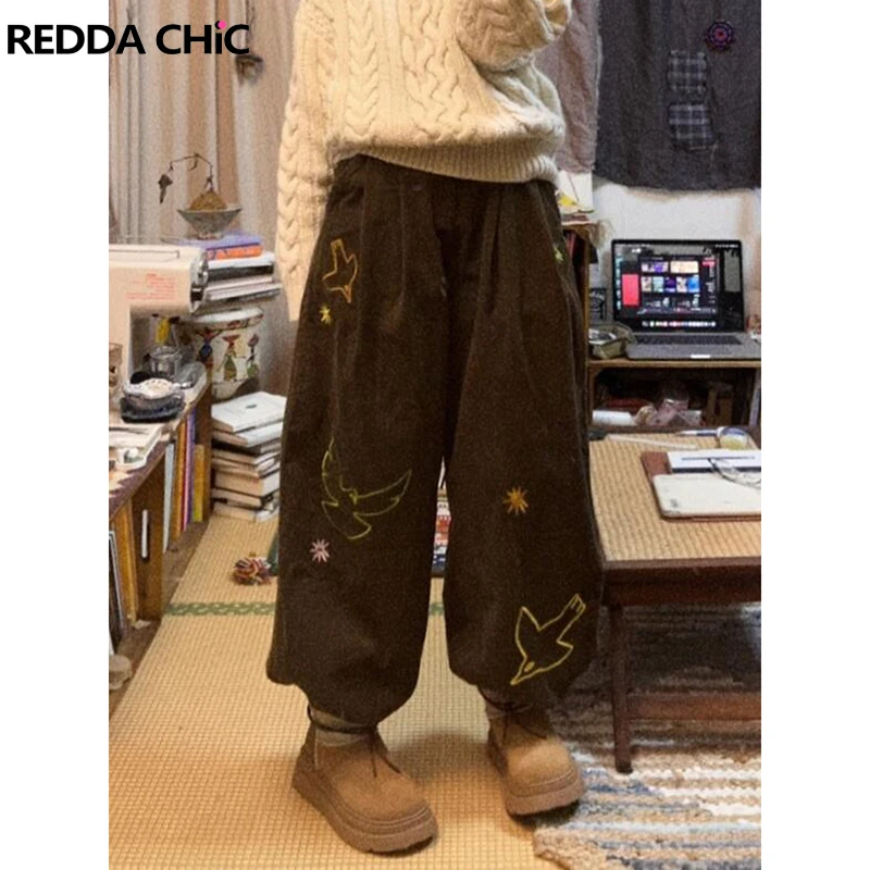 ReddaChic Kawaii Bird Embroidery Wide Leg Pants for Women Retro Brown Corduroy Pleated Wide Leg Trousers Harajuku Korean Clothes