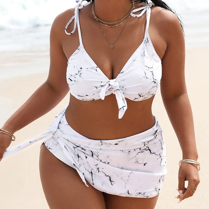 Top Fashion Summer Women Plus Size Marble Printing Padded Sling Lace Up Beach Three-Piece Bikini Suits