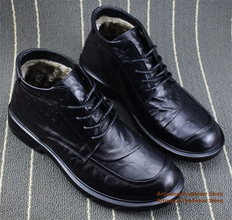 Black Leather Snow Boots for Men Round Toe Cowhide Men's Cotton Shoes Winter Thick Sole Chelsea Boots Trendy Men's Shoes