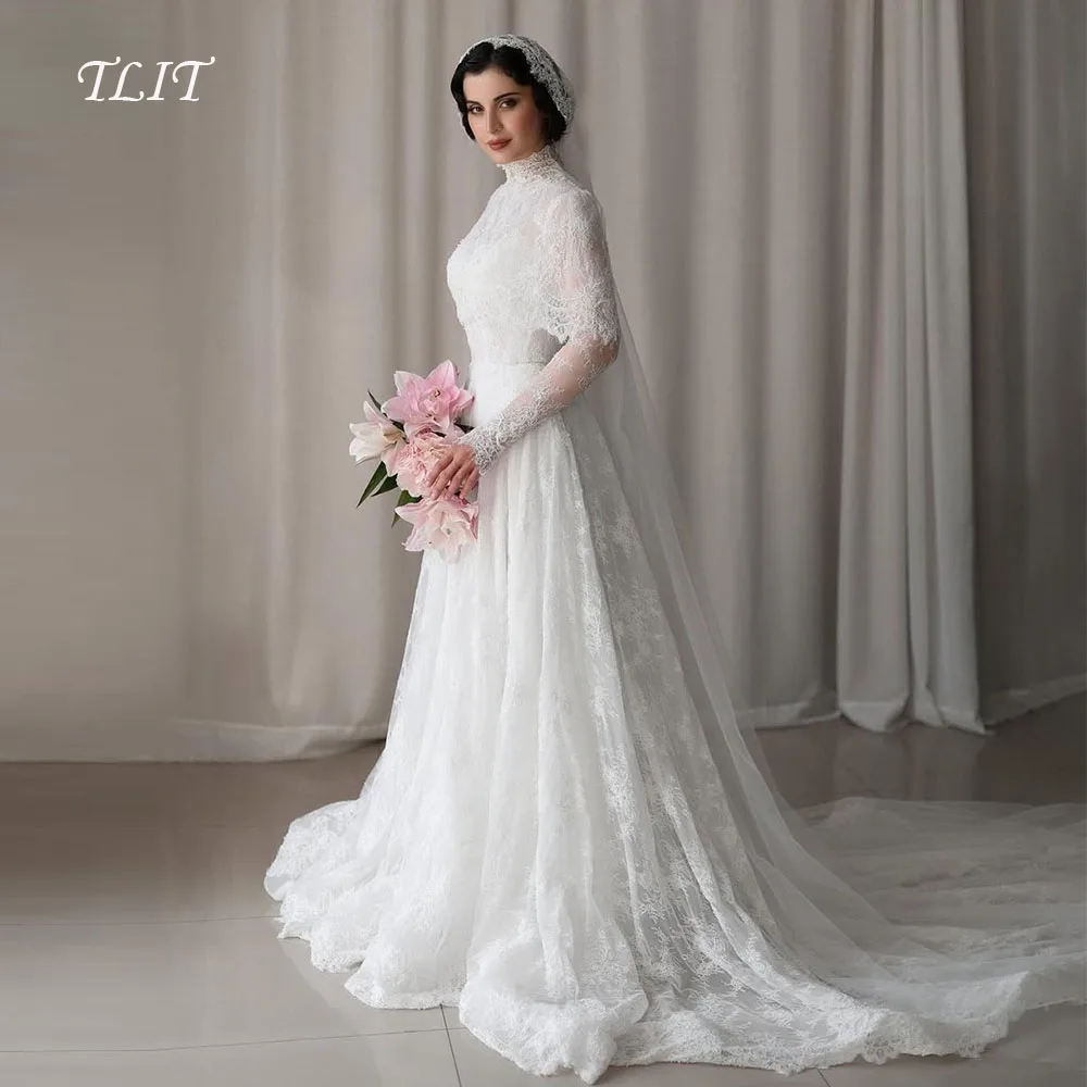 TLIT Classical Lace Wedding Dresses Customized O-Neck Little Shawl فساتين زفاف Long Sleeves Sweep TrainBridal Gowns