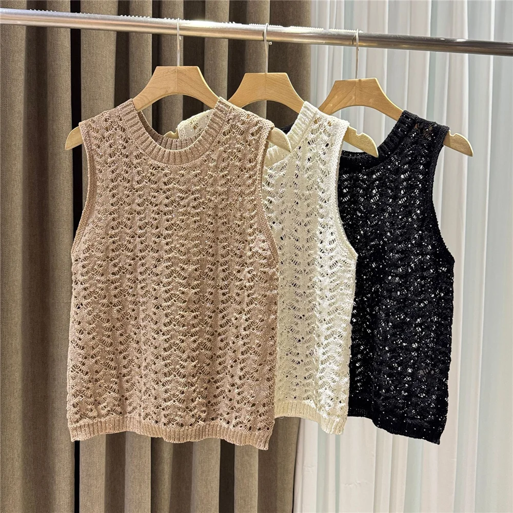 

Summer Ladies Casual Sleeveless Vest Hollow Sequins Jacquard Knit Top