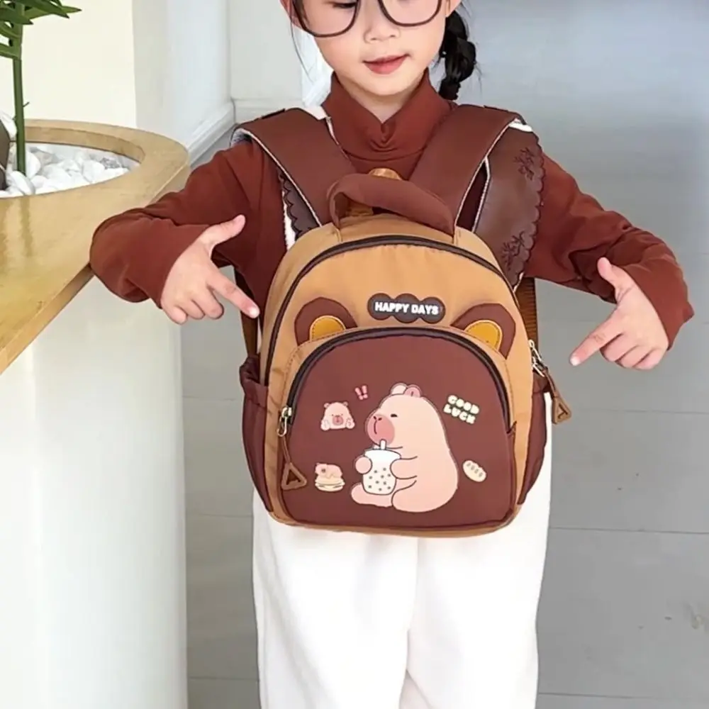 Cartoon Capybara Kindergarten Backpack Kawaii Multi-Pockets Children's Capybara Backpack Brown Adjustable Straps