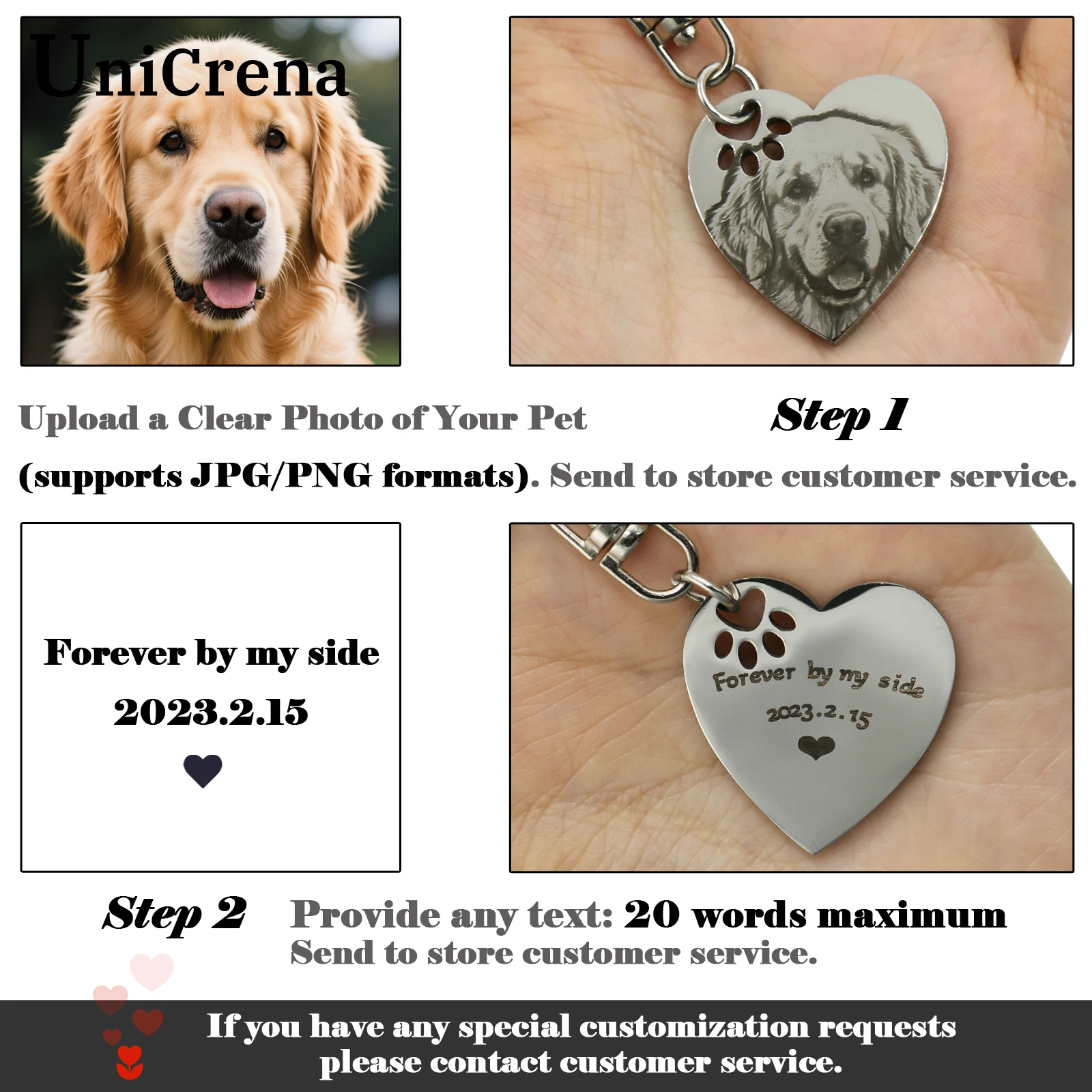 UniCrena 犬 キーホルダー 刻印 - ペット写真オーダーメイドキーホルダー 犬猫愛好家向け, ペットロスお悔やみギフト, ステンレスハート レーザー彫刻