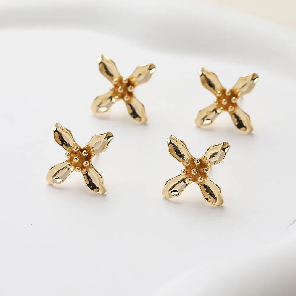 4PCS 14K Gold Plated Brass Four-Leaf Flower Earrings Ear Stud DIY Making Supplies Material Accessories